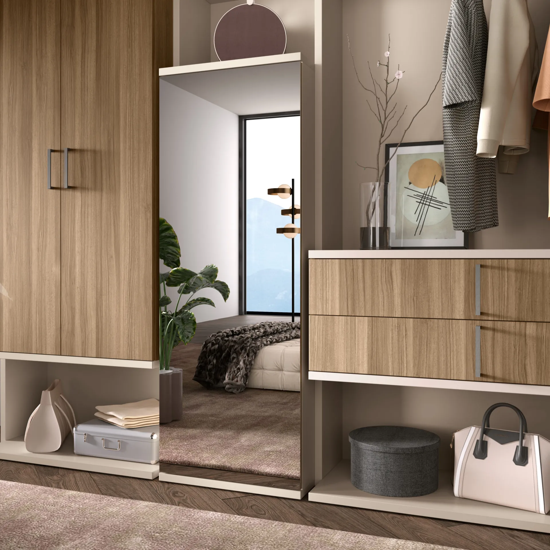Cabina armadio R Corso 11 con specchio estraibile tra anta e cassettiera in legno