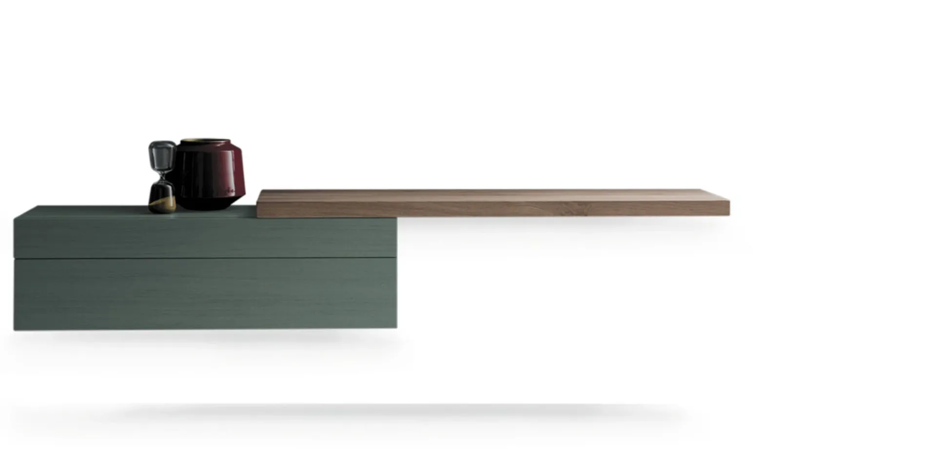 Composizione Fly Devina Nais con base verde e piano in rovere su fondo bianco