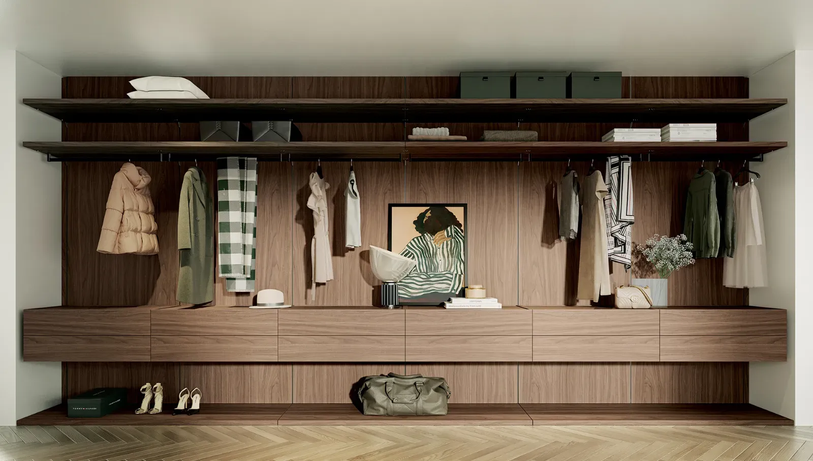 Cabina armadio Rack System Dielle Modus su boiserie in noce