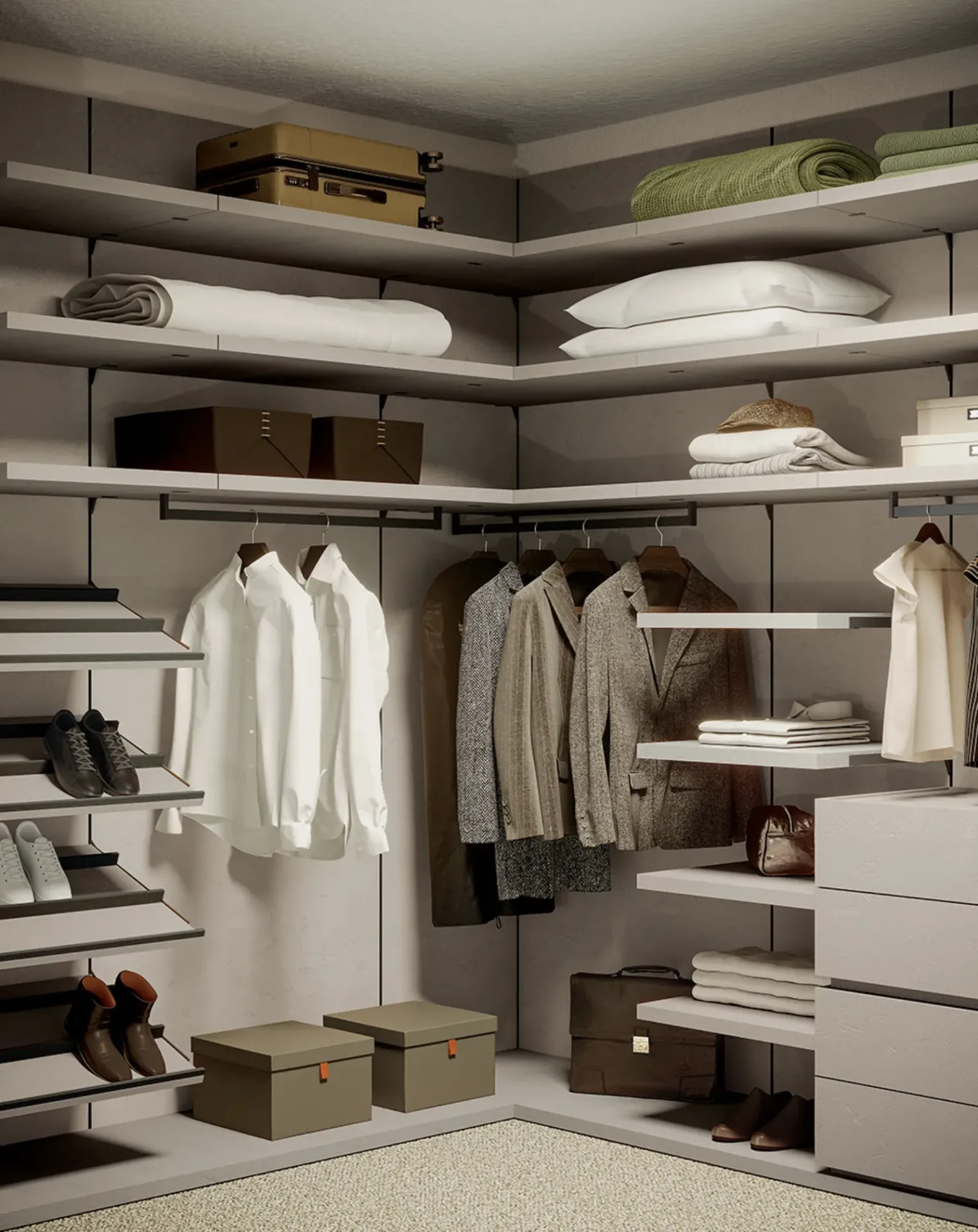 Cabina Rack System Dielle Modus ad angolo con ripiani chiari