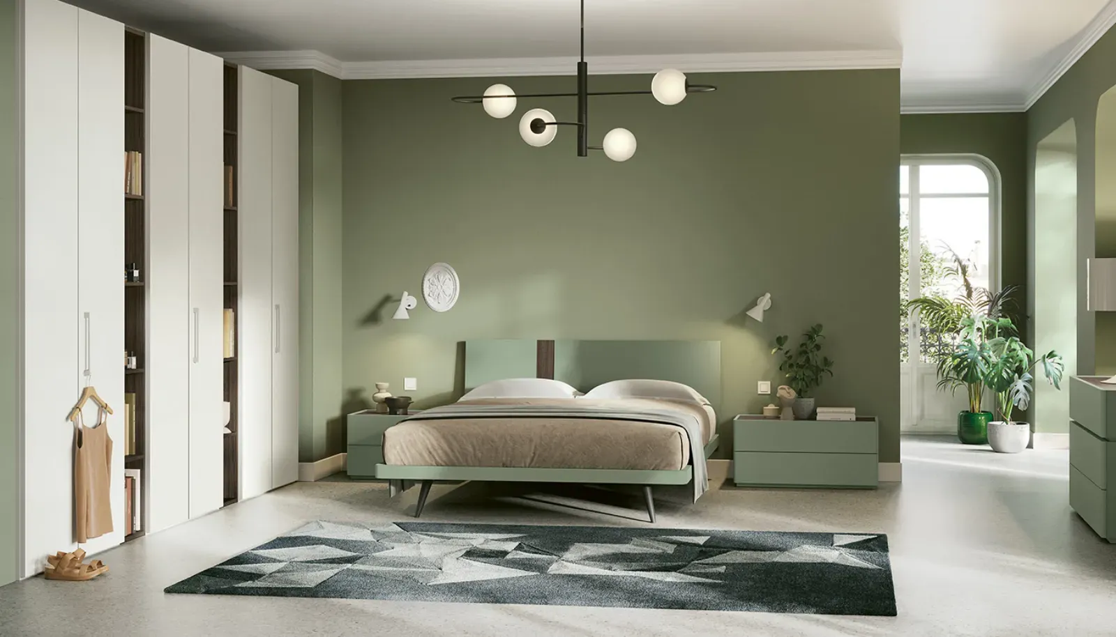 Letto Afrodite Dielle Modus in una camera verde con armadio e comodini
