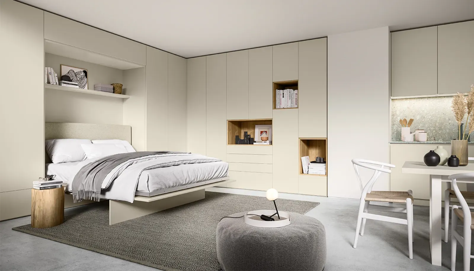 Letto a scomparsa Dielle Modus aperto, inserito in una parete di armadi