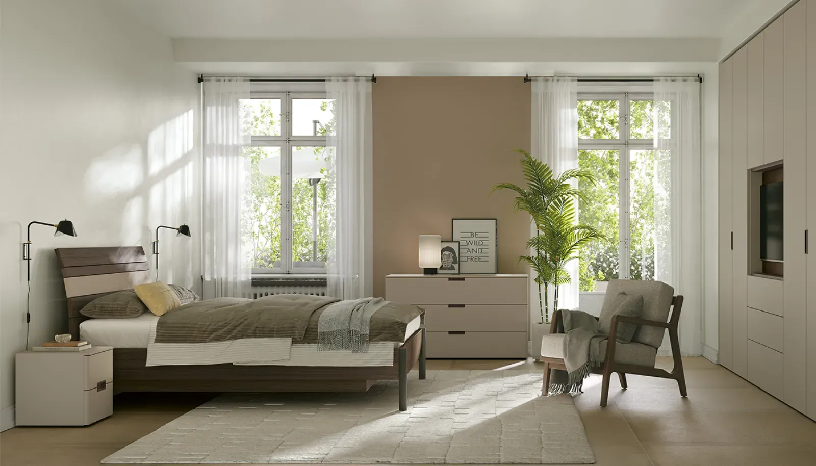 Camera con letto Trendy Dielle Modus in legno scuro e comò chiaro