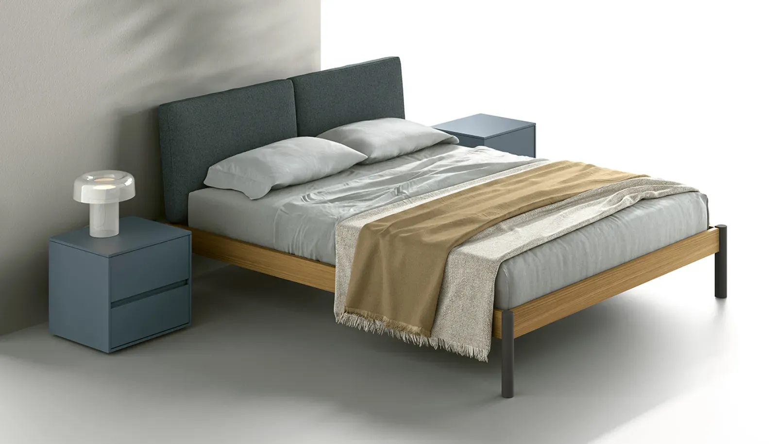 Letto Eden Soft Dielle Modus con cuscini blu e giroletto in legno su gambe