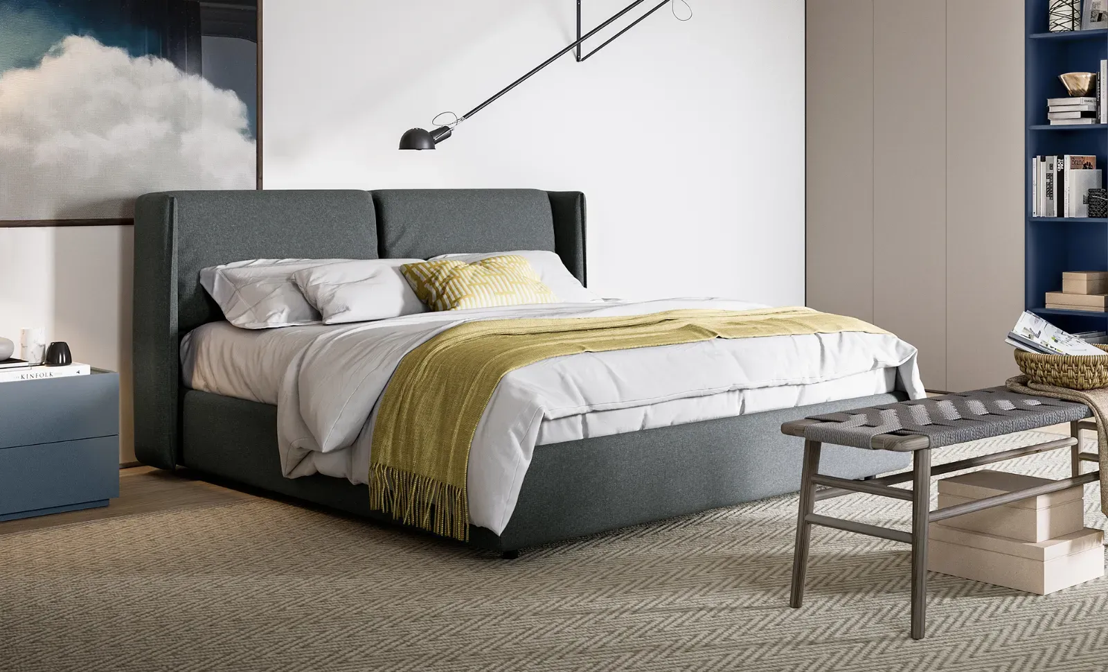 Letto Nest Dielle Modus imbottito grigio antracite con panca ai piedi