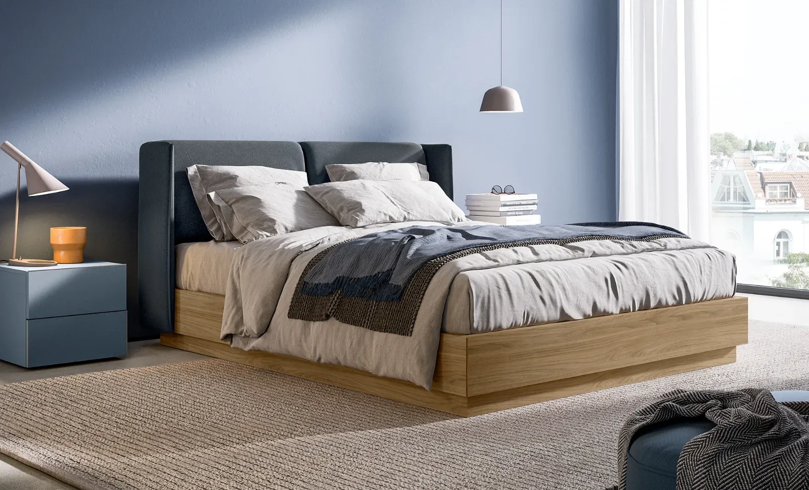 Letto Nest Dielle Modus blu con base contenitore in legno
