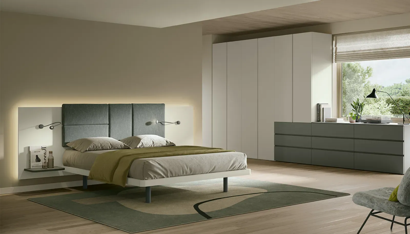 Letto Sommier Dielle Modus con boiserie scura retroilluminata e armadio chiaro