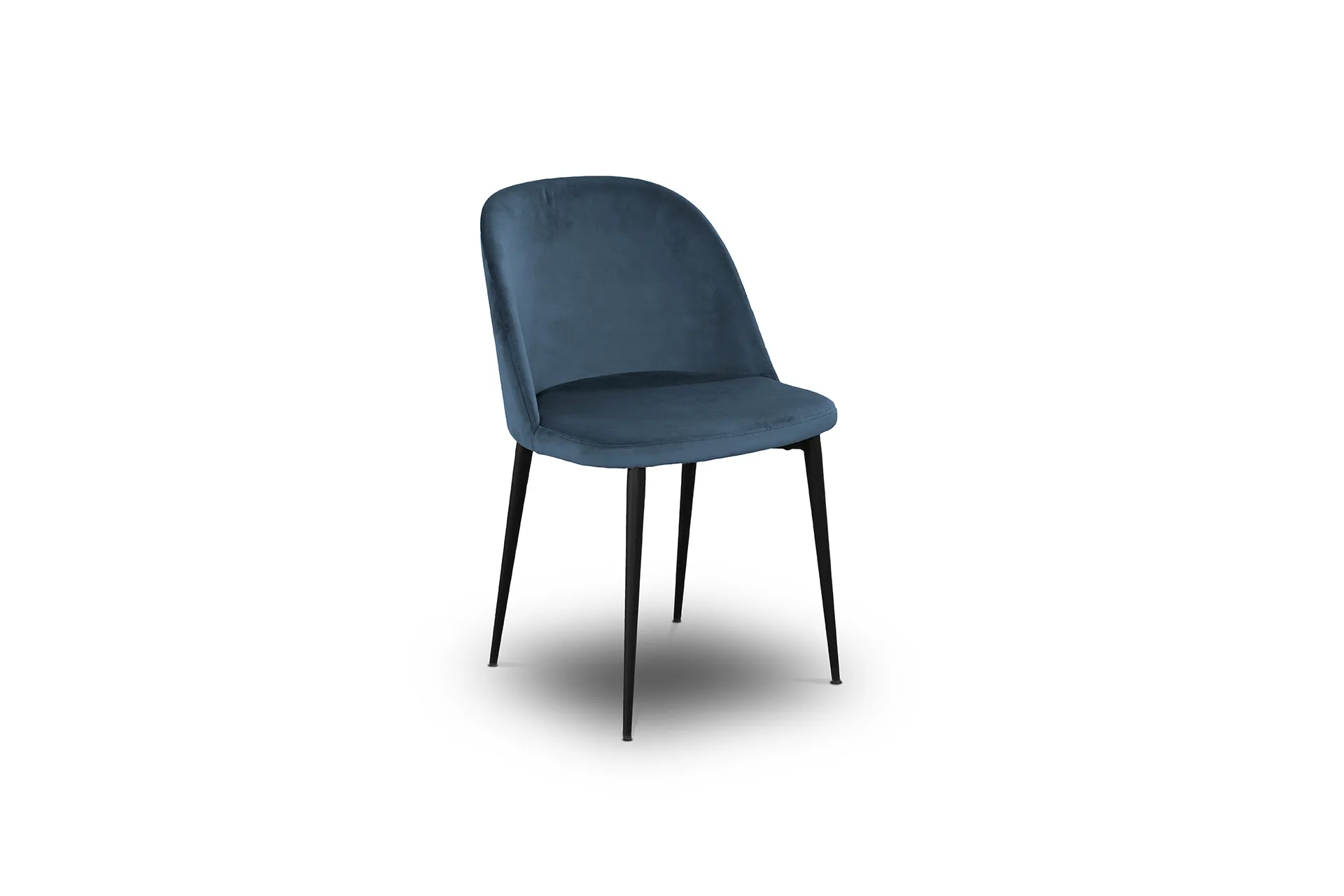 Sedia Tosato 50.53 in velluto blu con gambe in metallo nero, vista di tre quarti