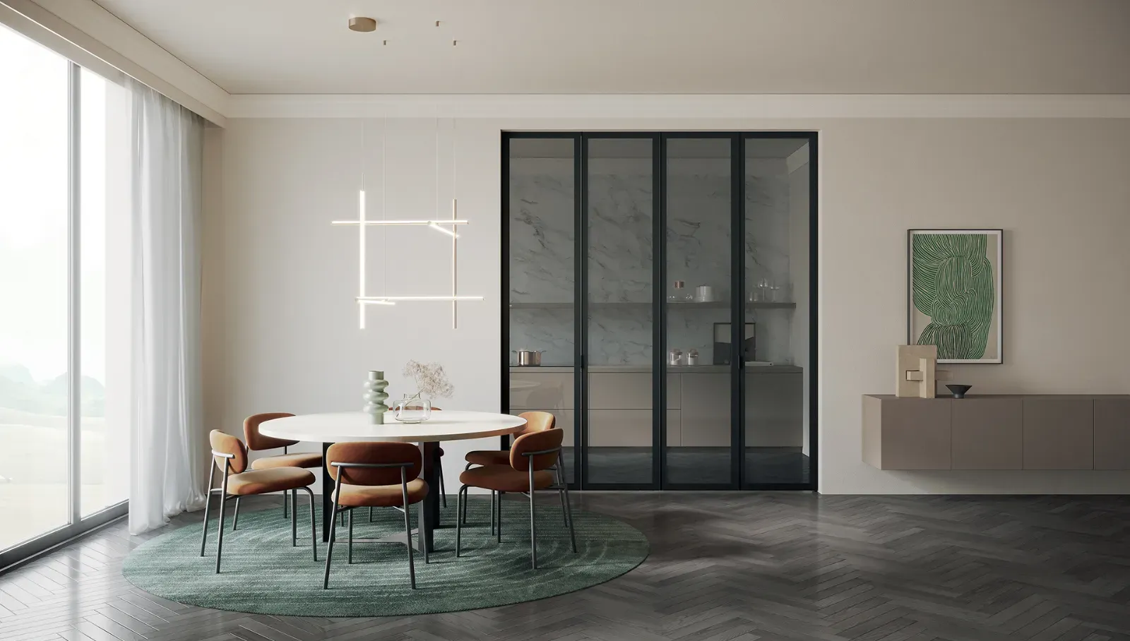 Porta Frame Dielle Modus in cristallo con telaio scuro in una zona pranzo
