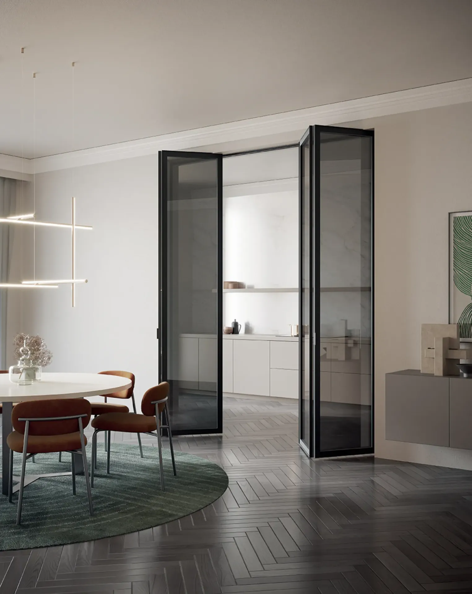 Porta Frame Dielle Modus a libro aperta tra soggiorno e cucina