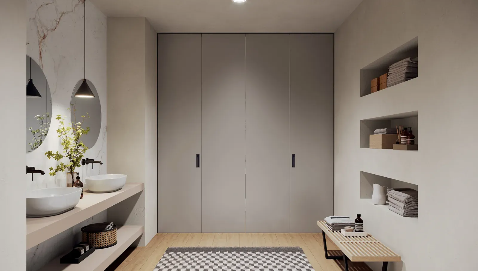 Porte Plana Dielle Modus chiuse a tutta parete in un bagno lavanderia