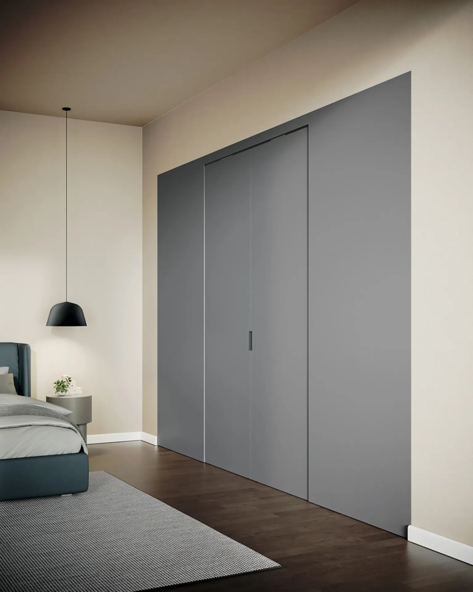 Porte Plana Dielle Modus grigie chiuse in una camera da letto