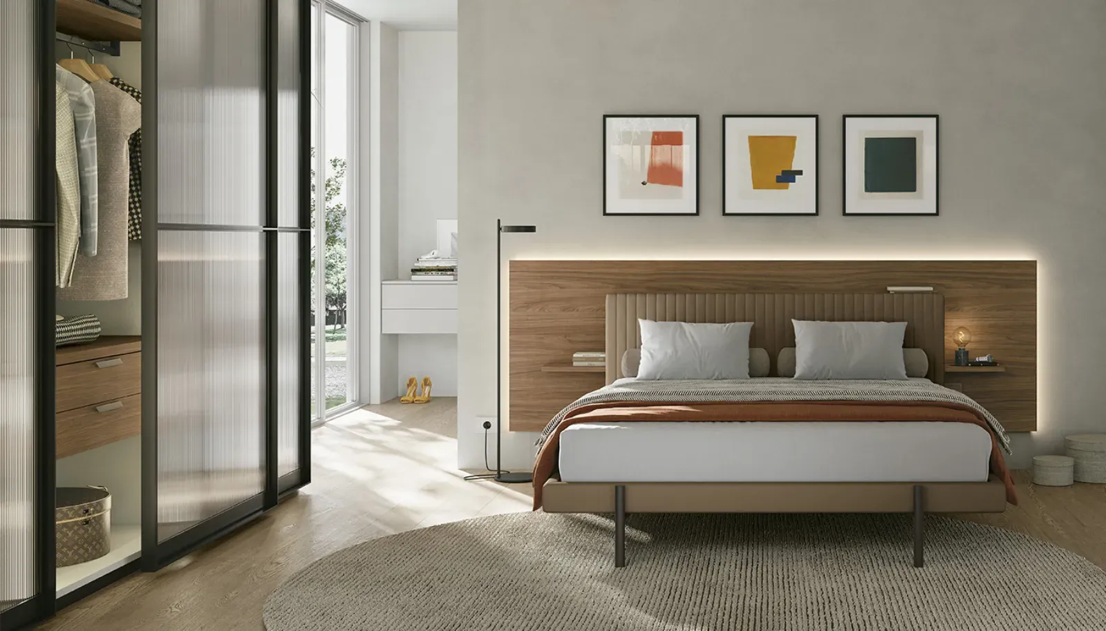 Ante scorrevoli in vetro dell'armadio Double Dielle Modus accanto al letto