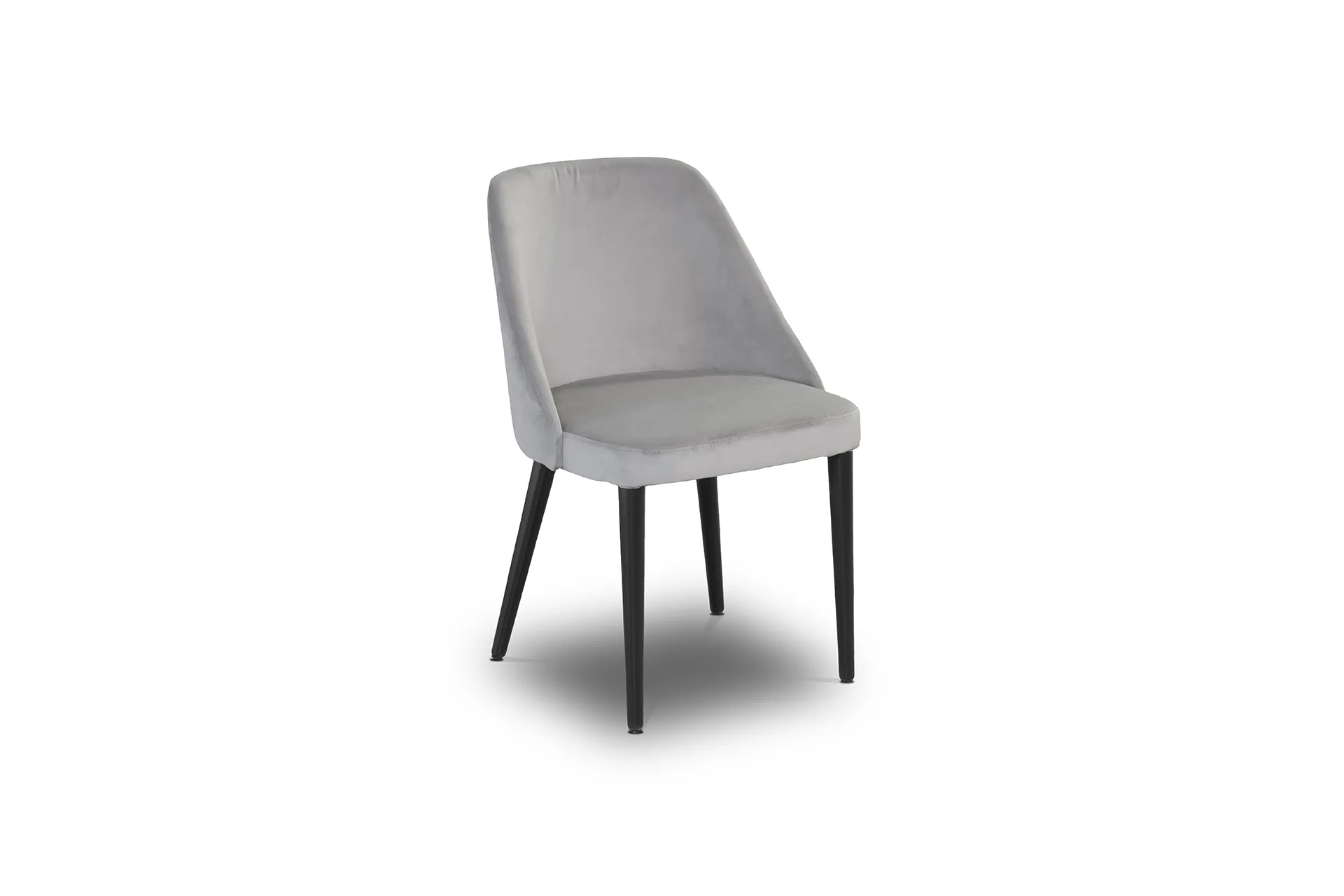 Sedia Tosato 50.52 in velluto grigio con gambe laccate nere, vista di tre quarti