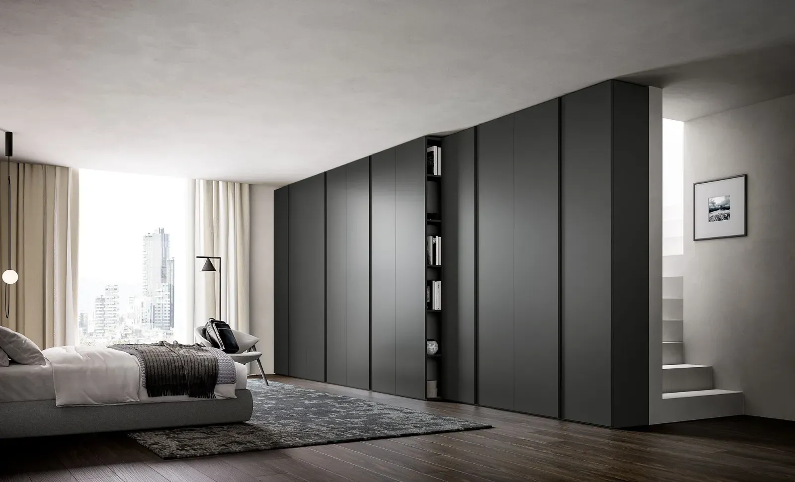 Armadio battente Shape Dielle Modus grigio scuro lungo la parete di una camera