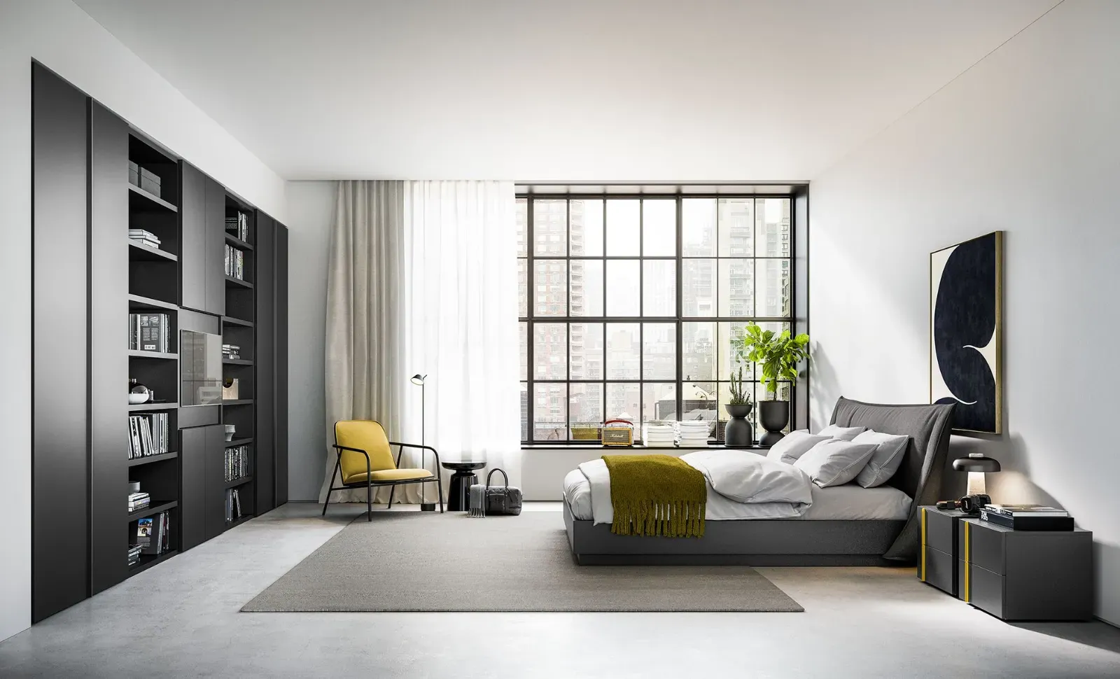 Camera con armadi Shape Dielle Modus scuri e librerie integrate