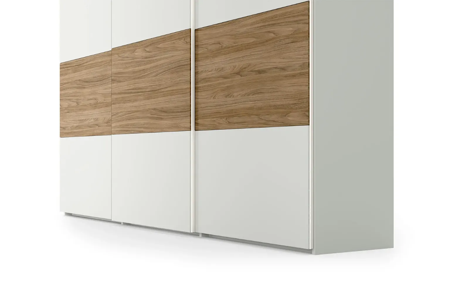 Armadio scorrevole Strip Dielle Modus bianco con fascia in noce, su fondo bianco