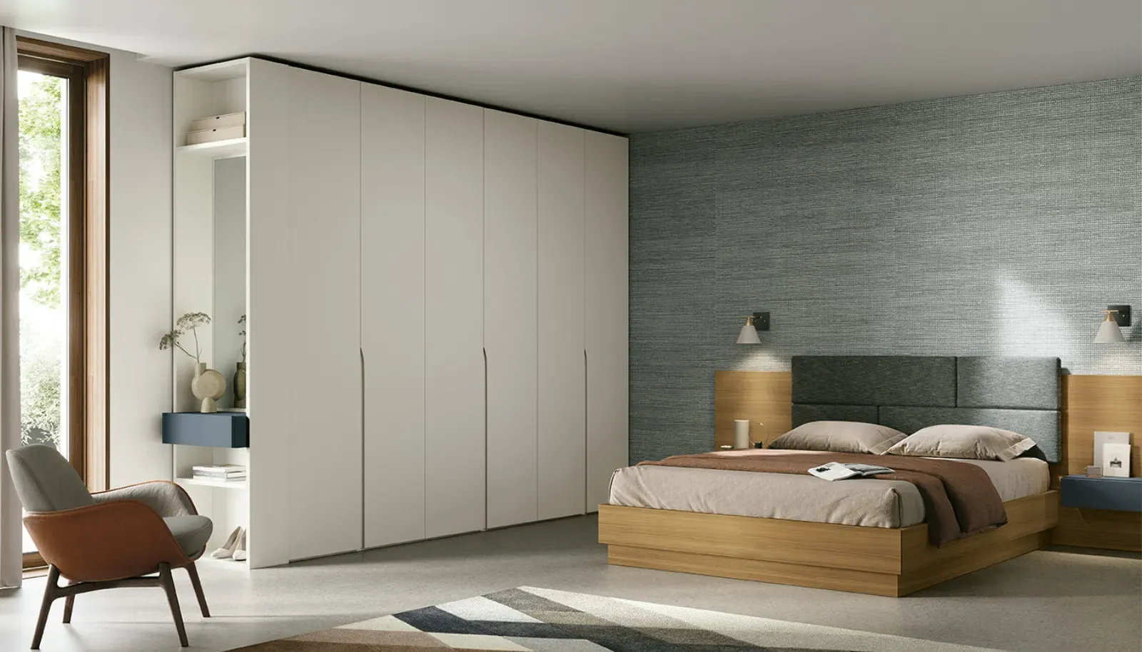 Armadio battente Wind Dielle Modus chiaro in camera con letto in legno