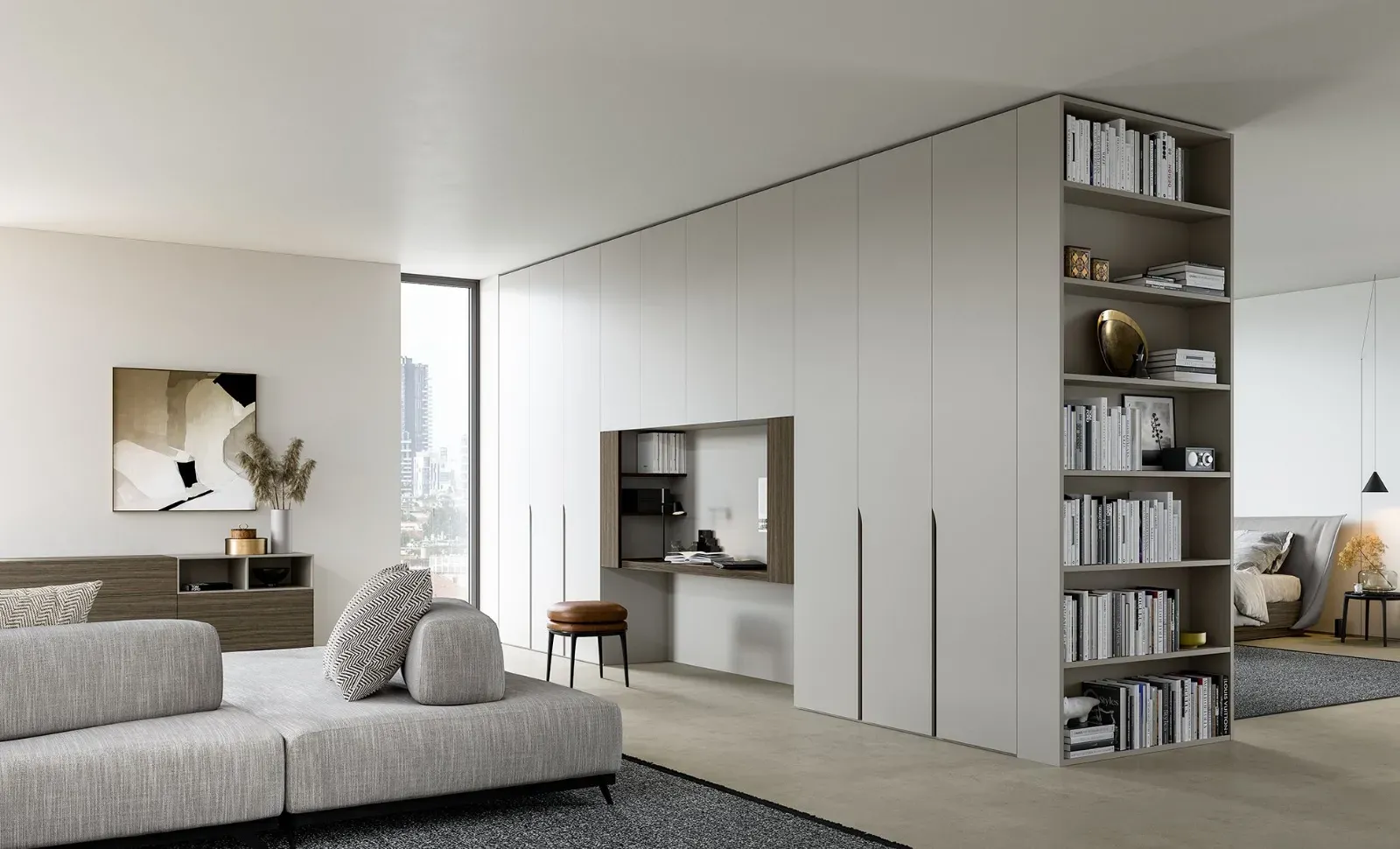 Armadio battente Wind Dielle Modus con libreria in un soggiorno