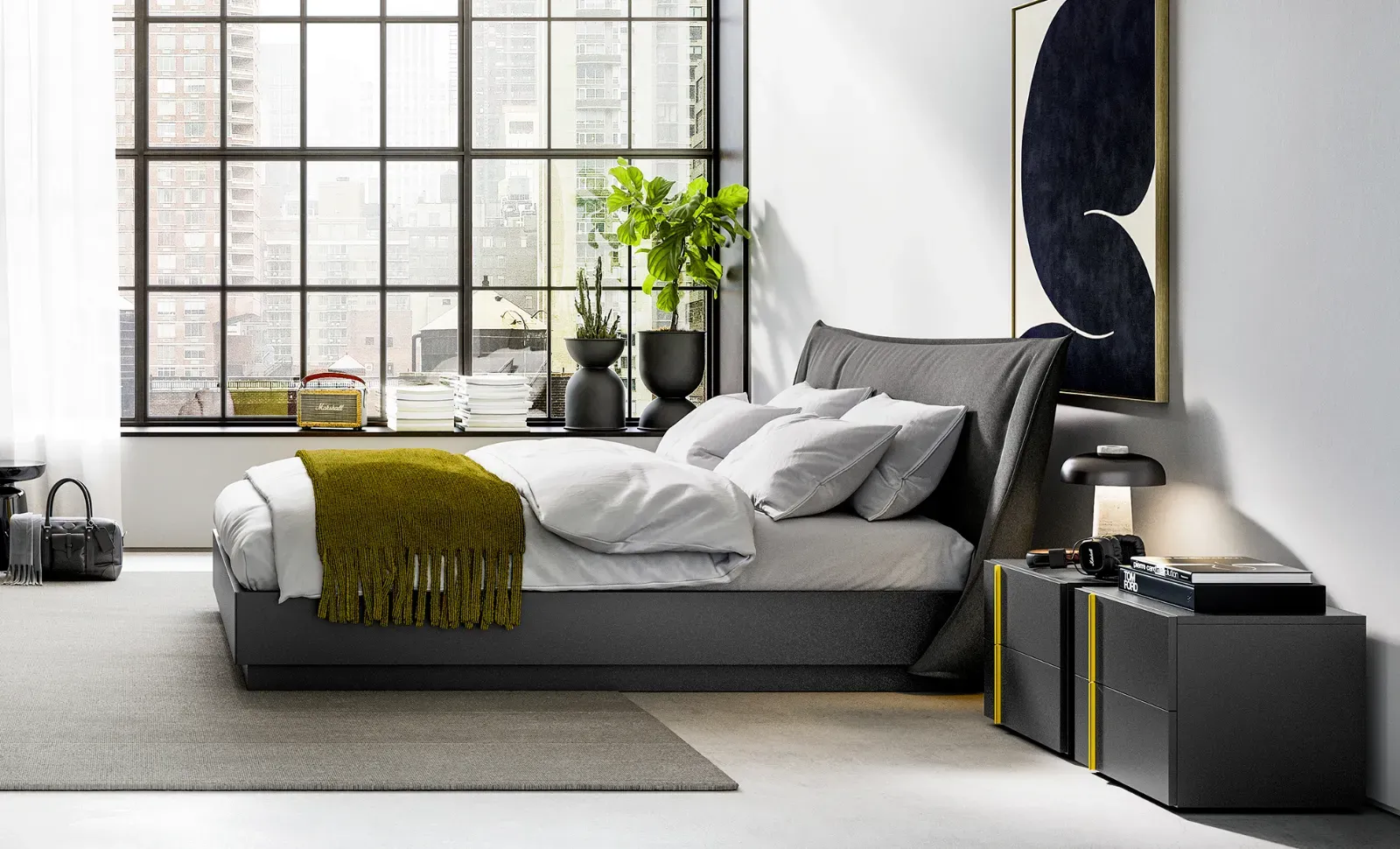 Comodino Shape Dielle Modus scuro con maniglia gialla accanto al letto