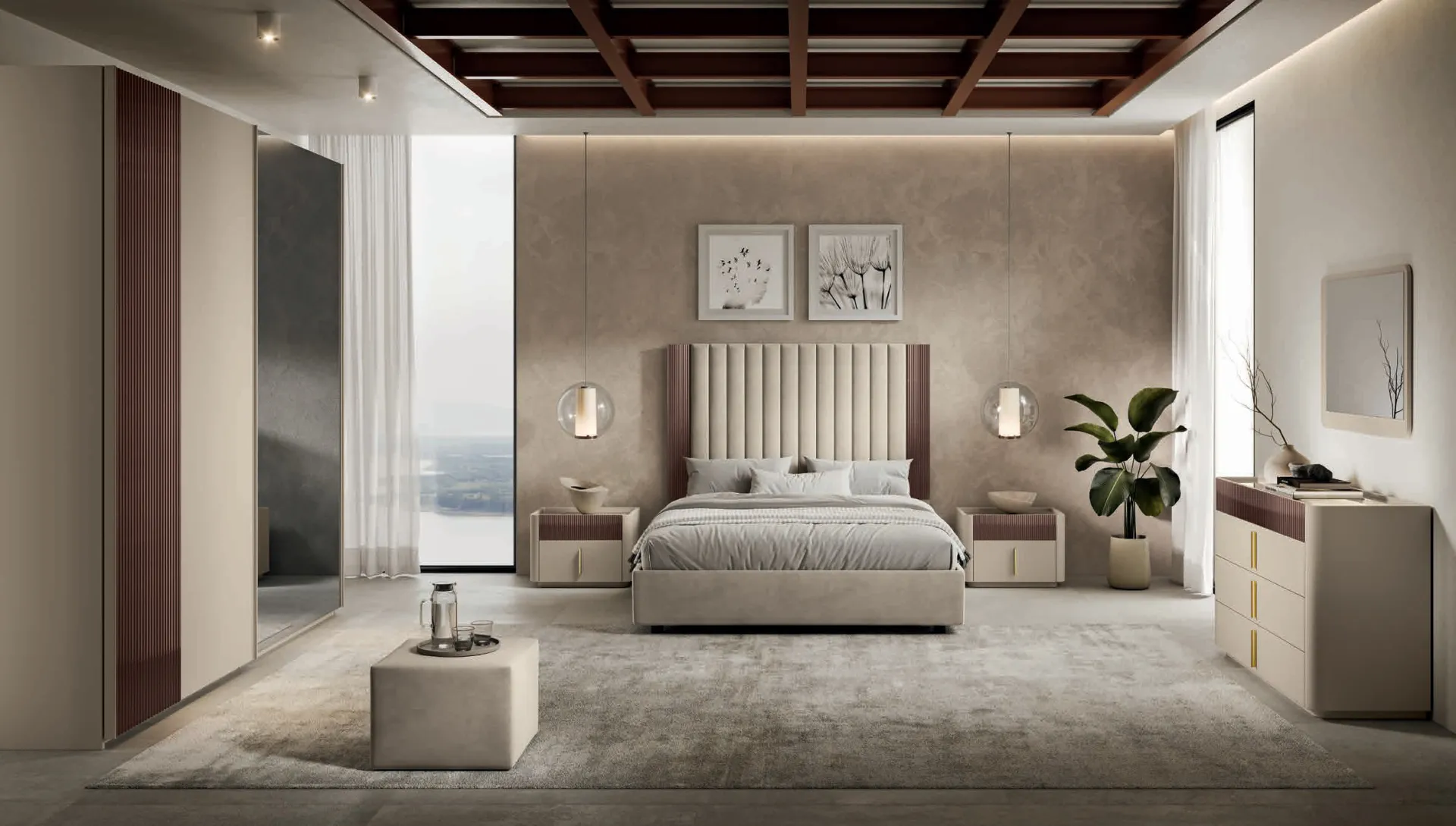 Camera da letto Camilla Euro Design composizione C01 con letto in velluto beige e armadio a vetro ondulato