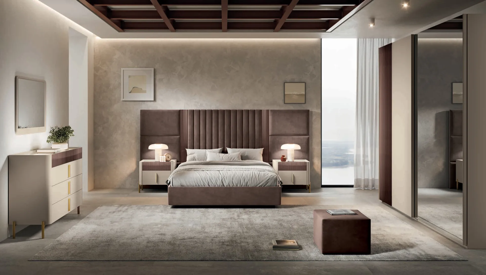 Camera Camilla Euro Design C03 con letto in velluto marrone e comò con piedi oro