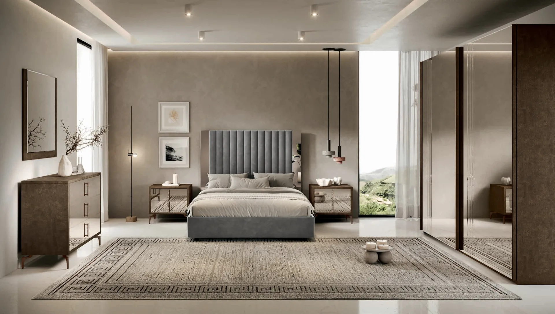 Camera da letto Thea Euro Design composizione T01 con letto in velluto grigio e armadio a specchi bronzati