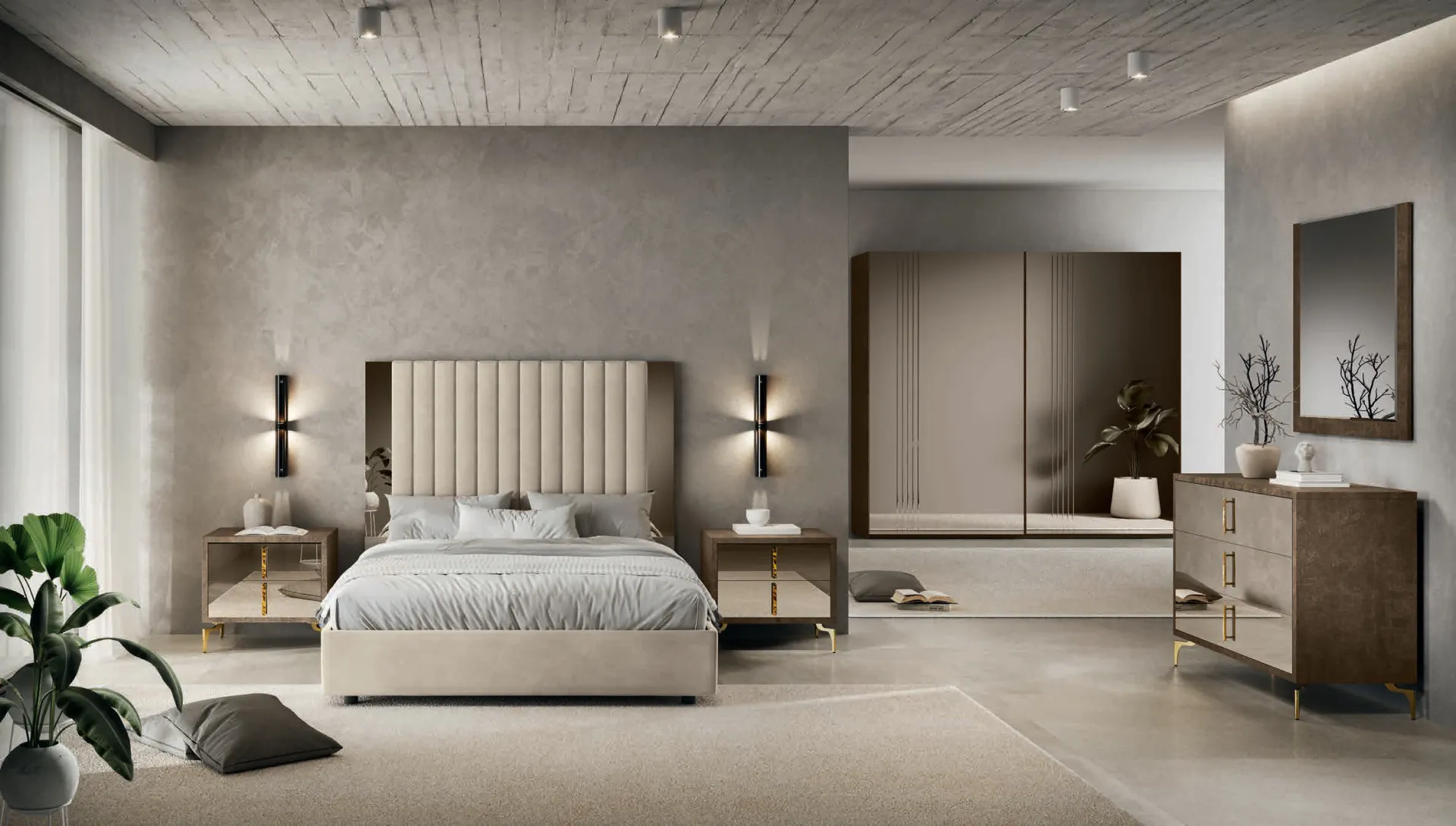 Camera Thea Euro Design T02 con letto in velluto beige e comò a specchio