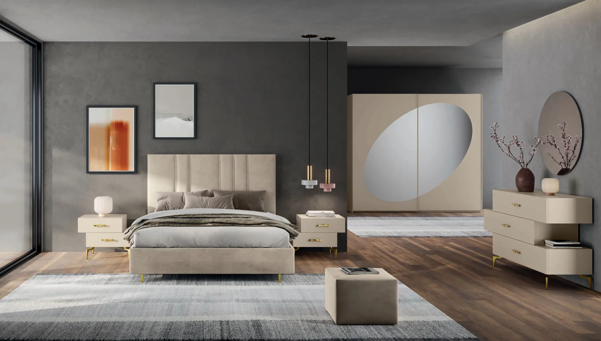 Camera da letto Brenda Euro Design B11 con armadio a specchio ovale e letto Vibe beige