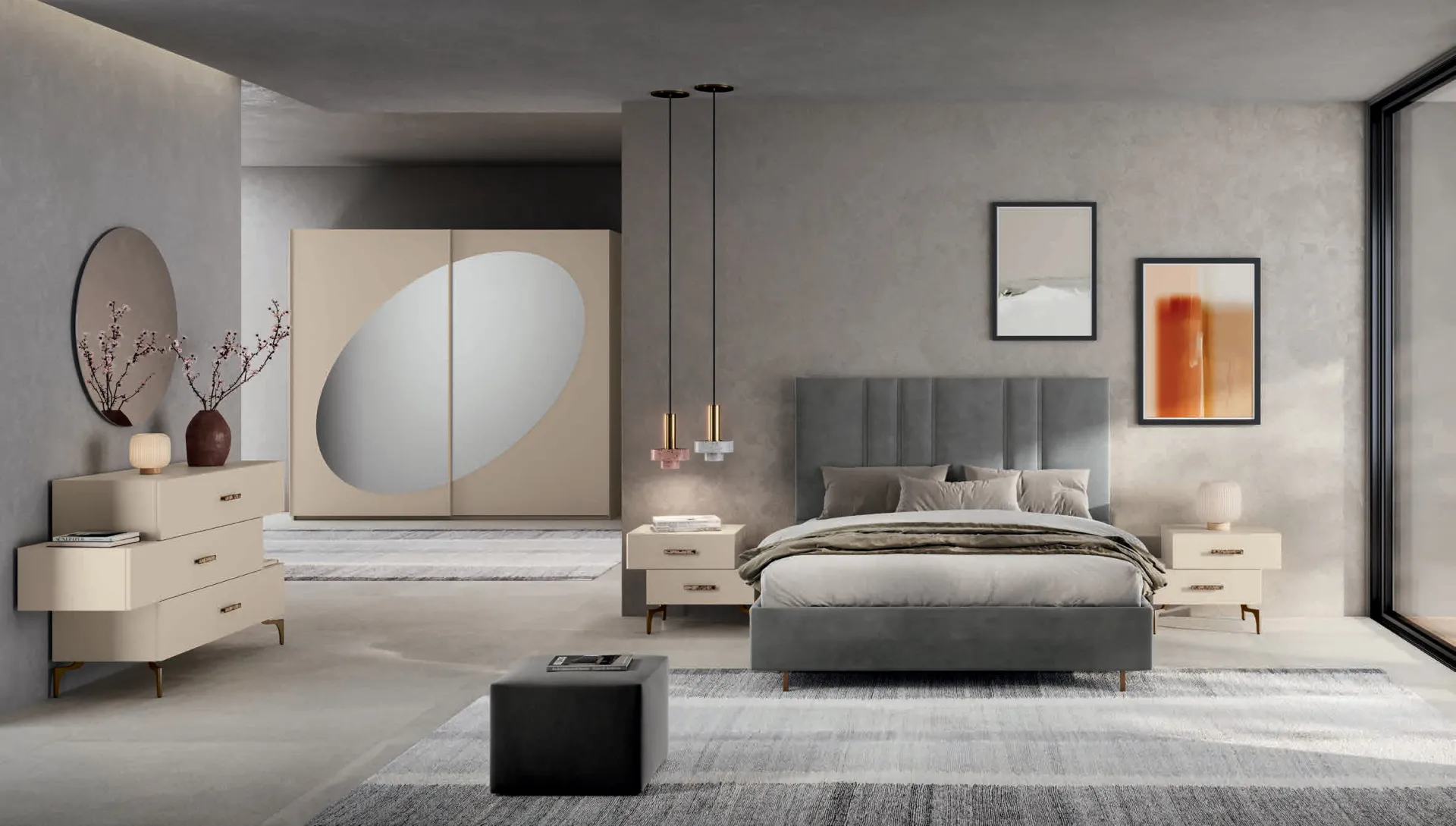 Camera Brenda Euro Design B12 con letto Vibe in velluto grigio