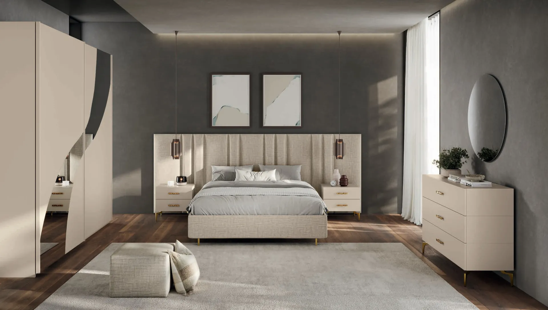 Camera Brenda Euro Design B13 con armadio a specchio onda e letto con boiserie