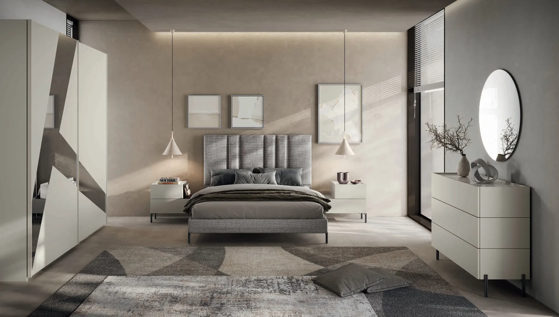 Camera da letto Gaia Euro Design G11 con armadio grigio a specchio obliquo e letto Vibe