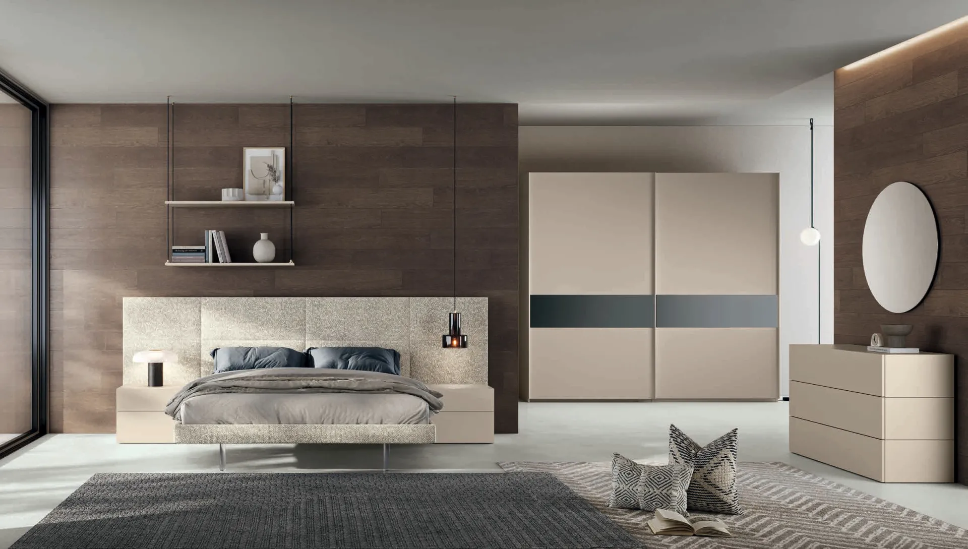 Camera da letto Bepop Euro Design B01 con letto Groove e armadio beige a specchio fumè