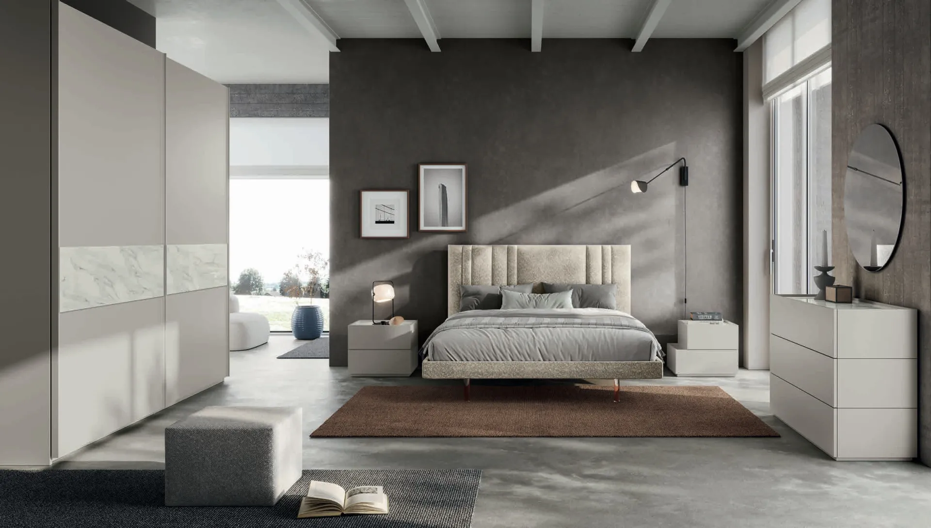 Camera da letto Groove Euro Design G01 con letto Wave e armadio grigio con vetro marmo