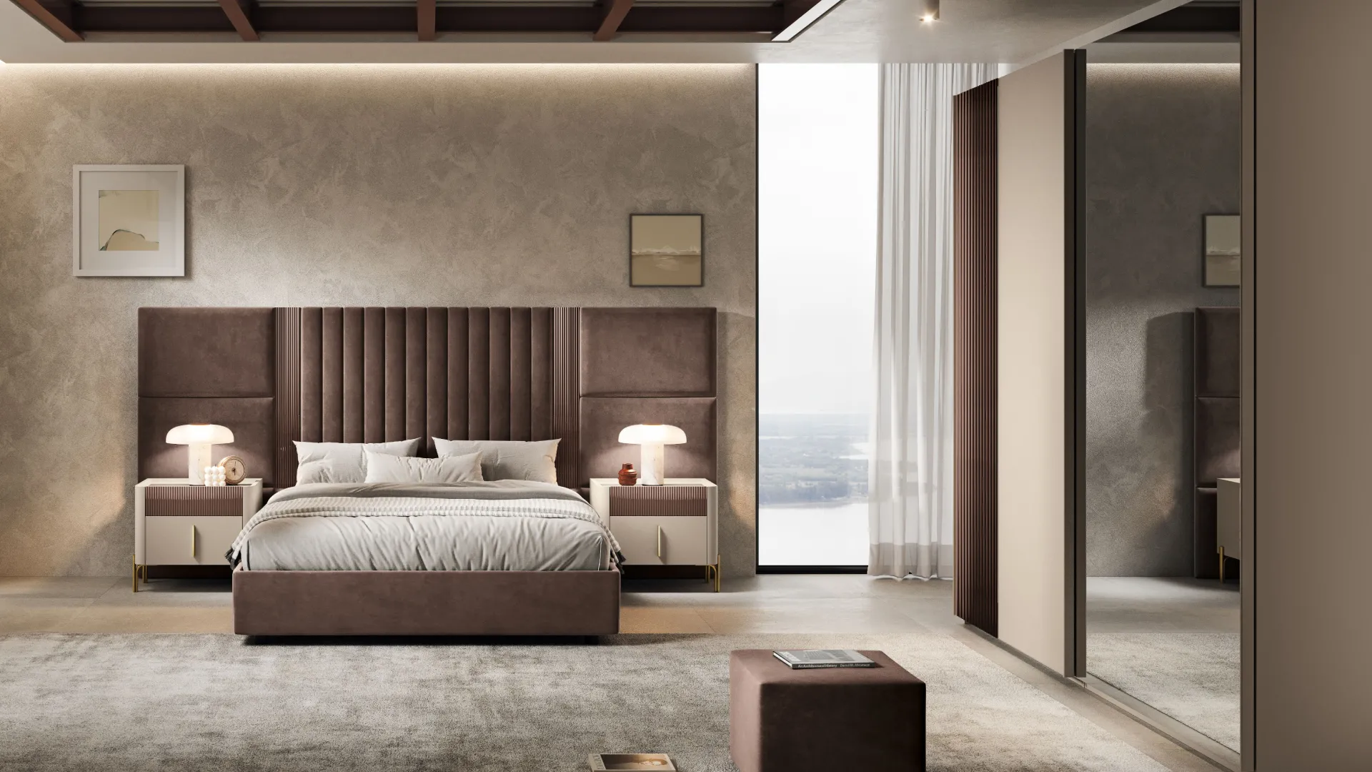 Armadio Camilla Euro Design con specchio e vetro ondulato in camera con letto in velluto marrone