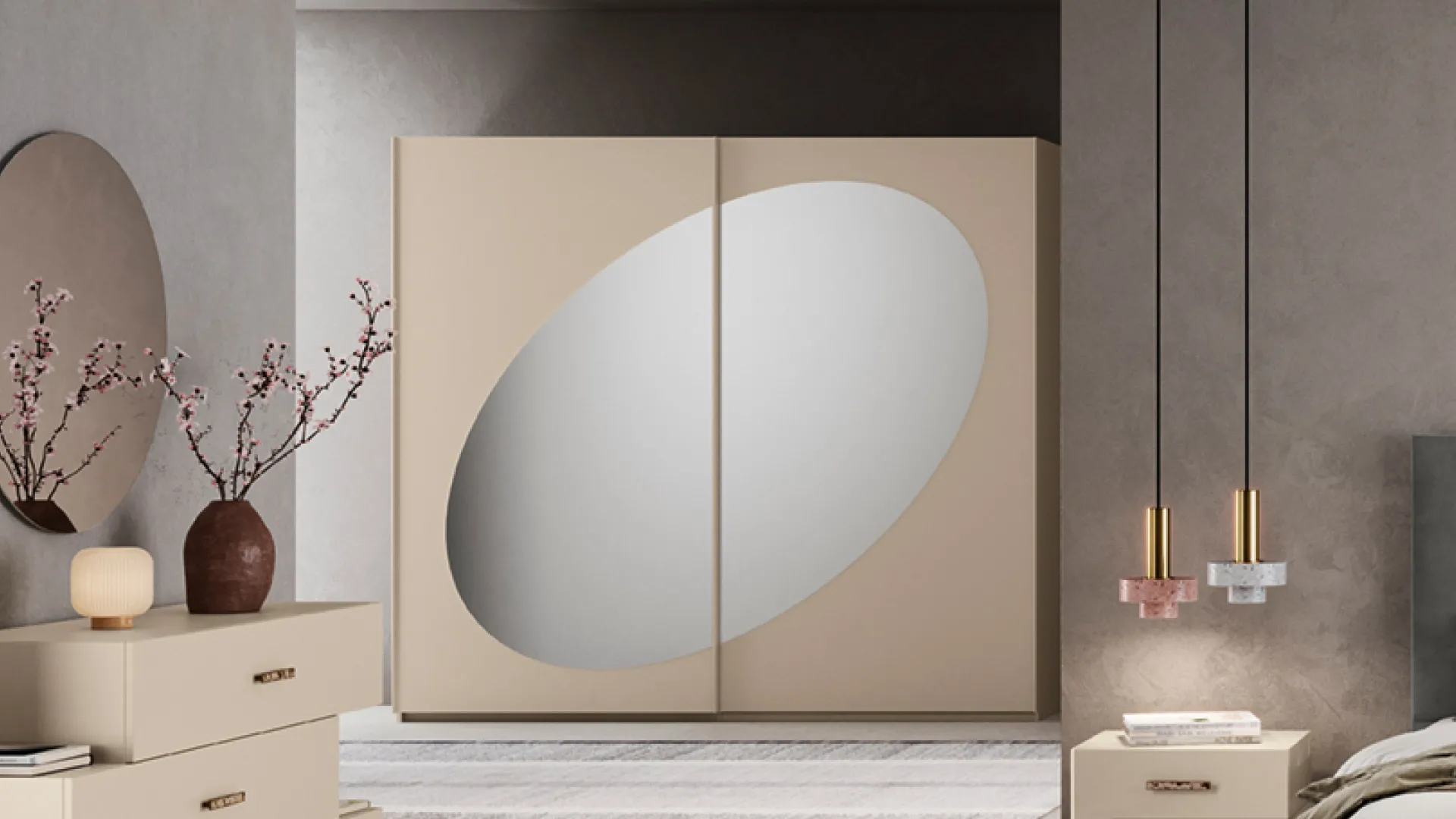 Armadio Brenda Euro Design beige con grande specchio ovale sulle ante scorrevoli