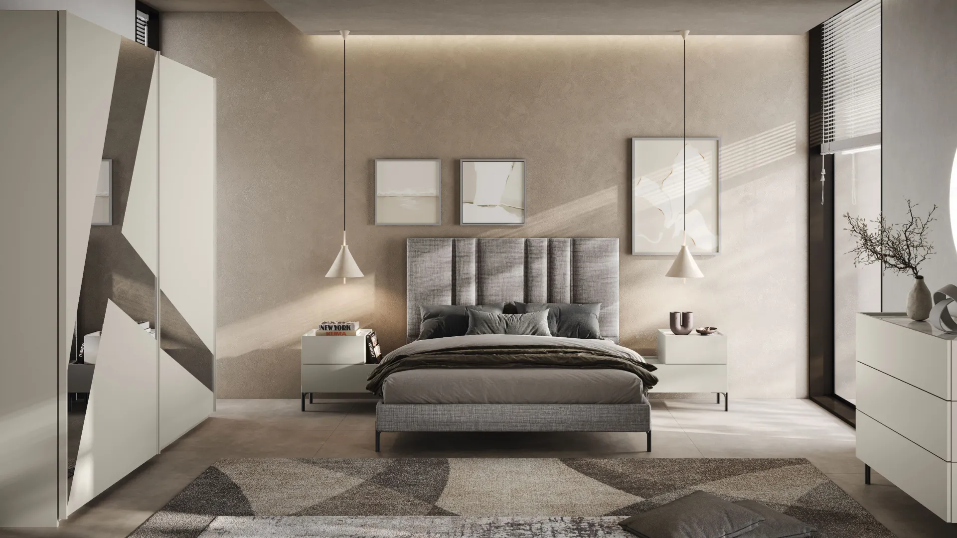 Armadio Gaia Euro Design grigio con specchio obliquo in camera con letto grigio