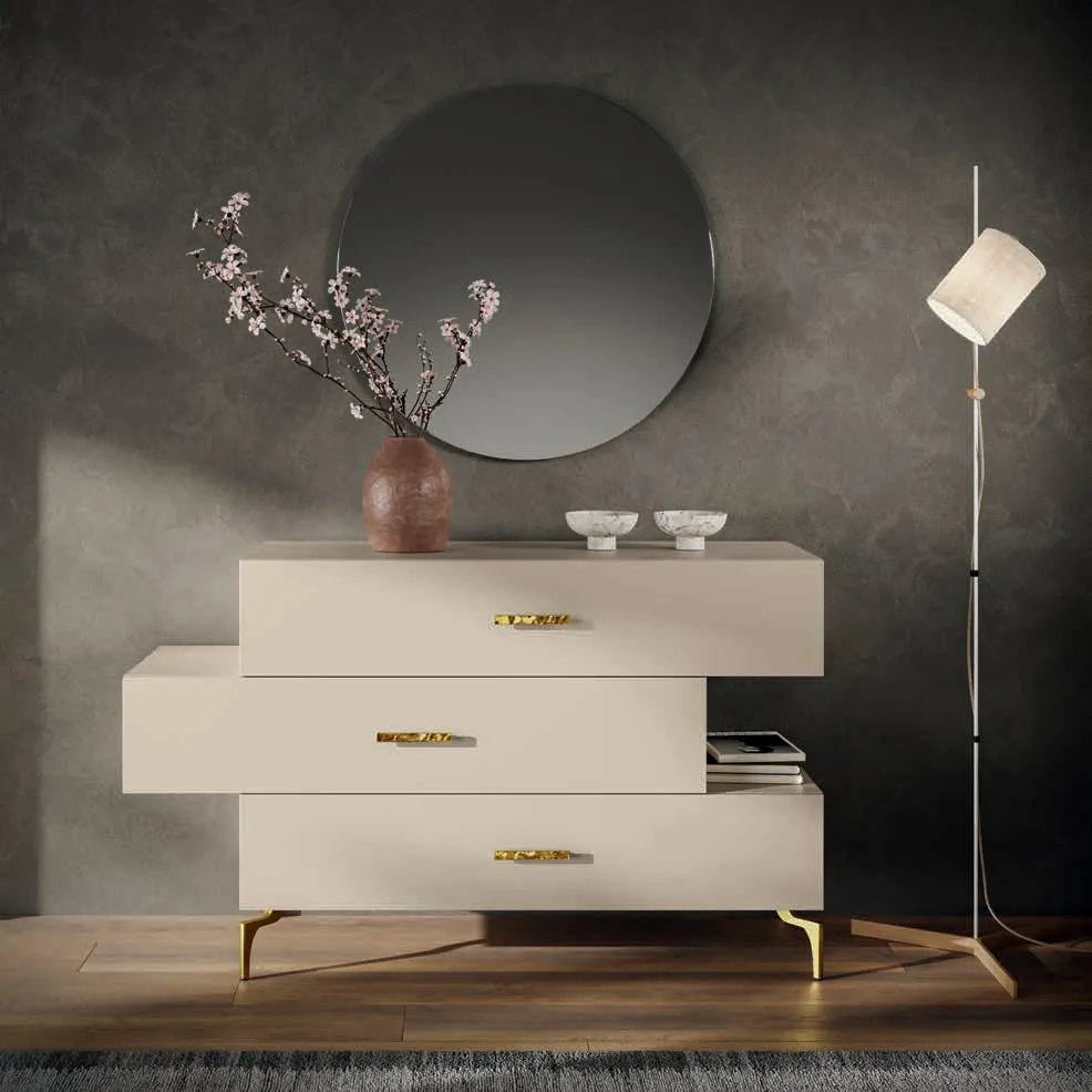Comò Brenda Euro Design a moduli beige con piedi oro e specchiera tonda