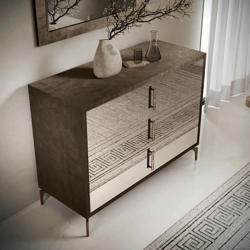 Comò Thea Euro Design con frontali in specchio bronzato e maniglie bronzo