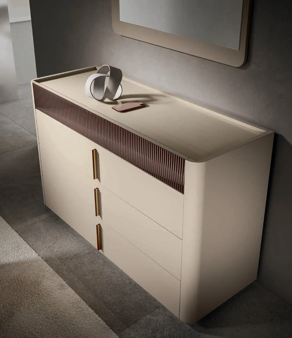 Comò Camilla Euro Design beige con fascia in vetro ondulato marrone