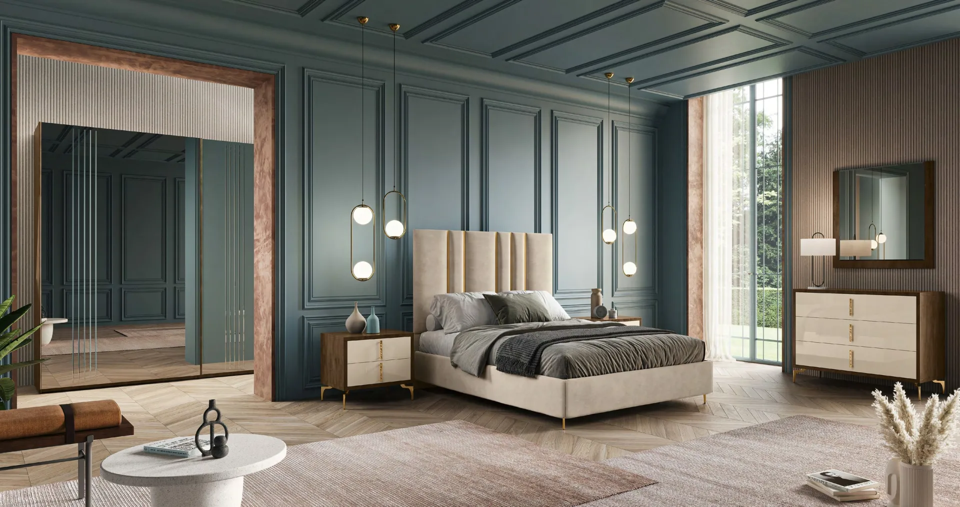 Camera da letto Tiffany Euro Design con letto in velluto, comò tortora e specchiera