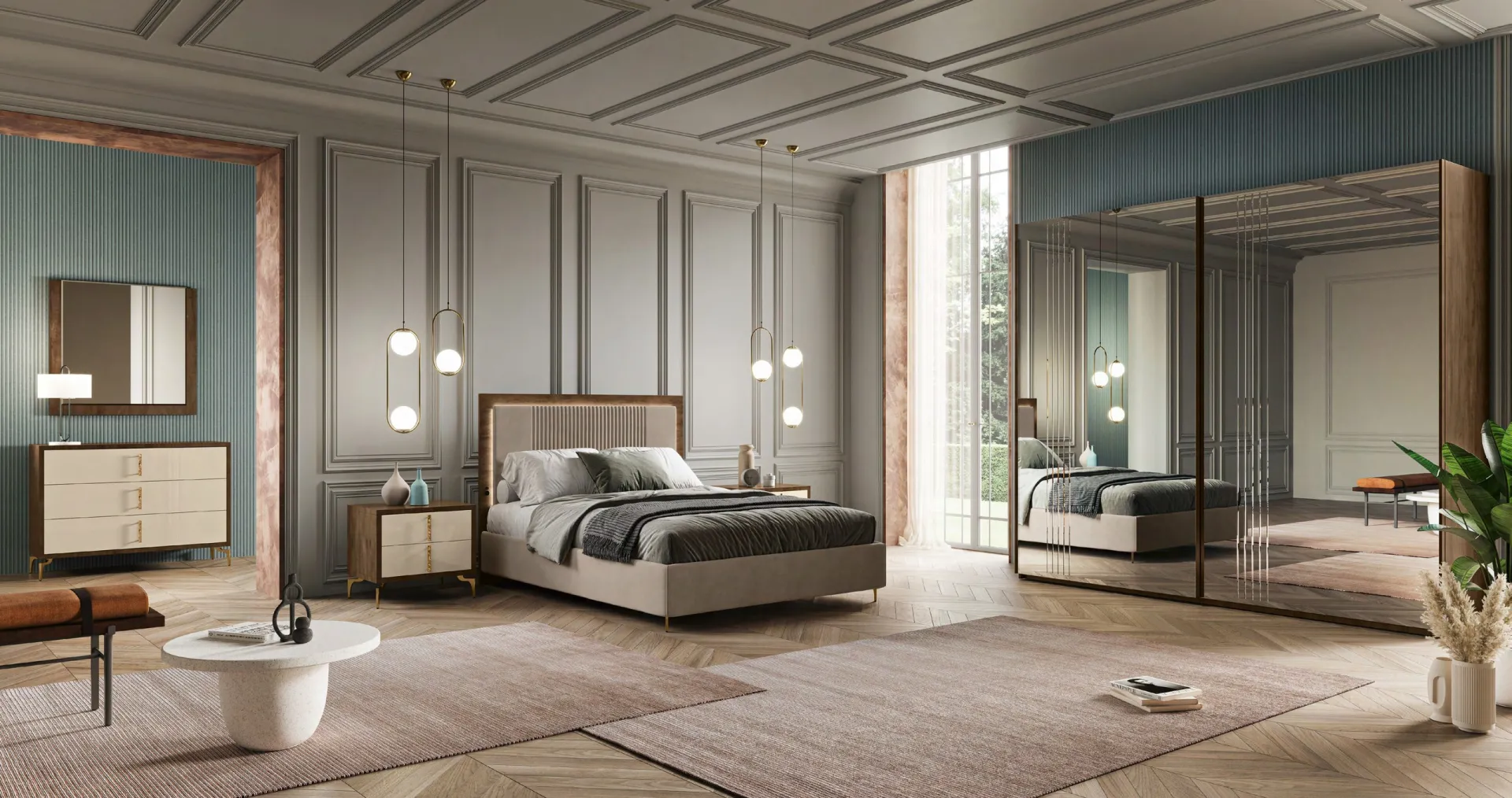 Camera Tiffany Euro Design con armadio a specchi bronzati e letto con cornice