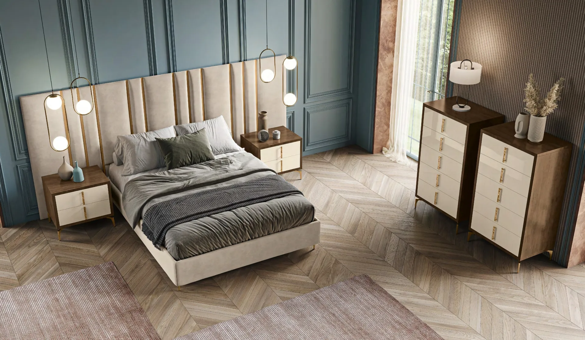 Camera Tiffany Euro Design con letto a testiera maxi in velluto beige e settimino
