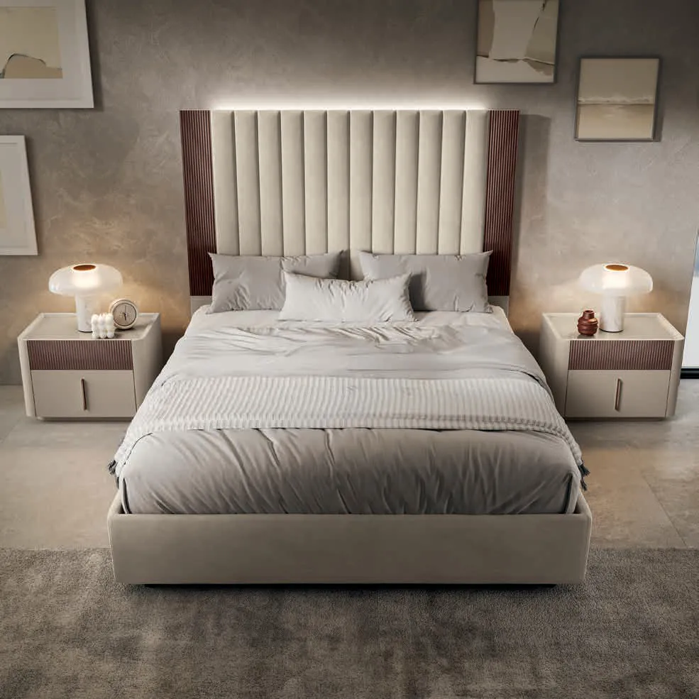 Letto imbottito Camilla Euro Design in velluto beige con cornice in vetro ondulato