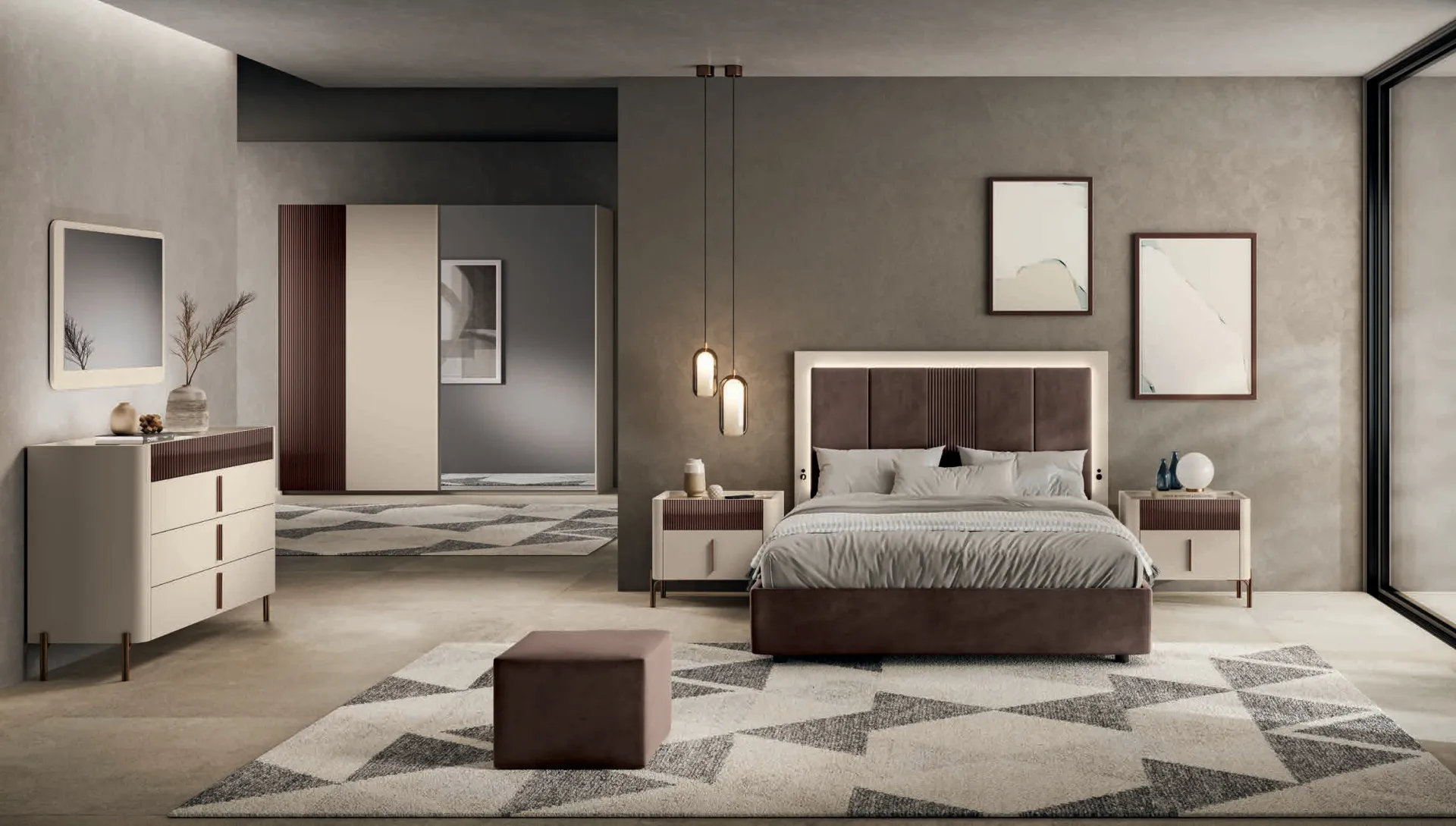 Letto Echo Euro Design in velluto marrone con luce LED nella camera Camilla