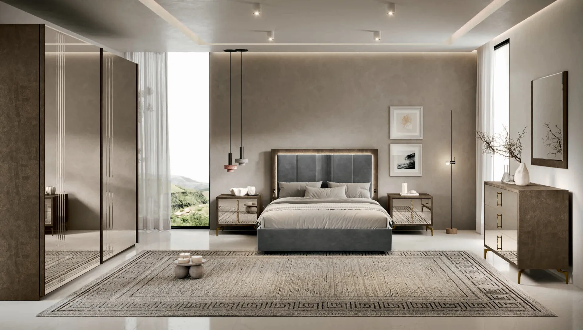 Letto Cloe Euro Design in velluto grigio nella camera Thea con armadio a specchi bronzati