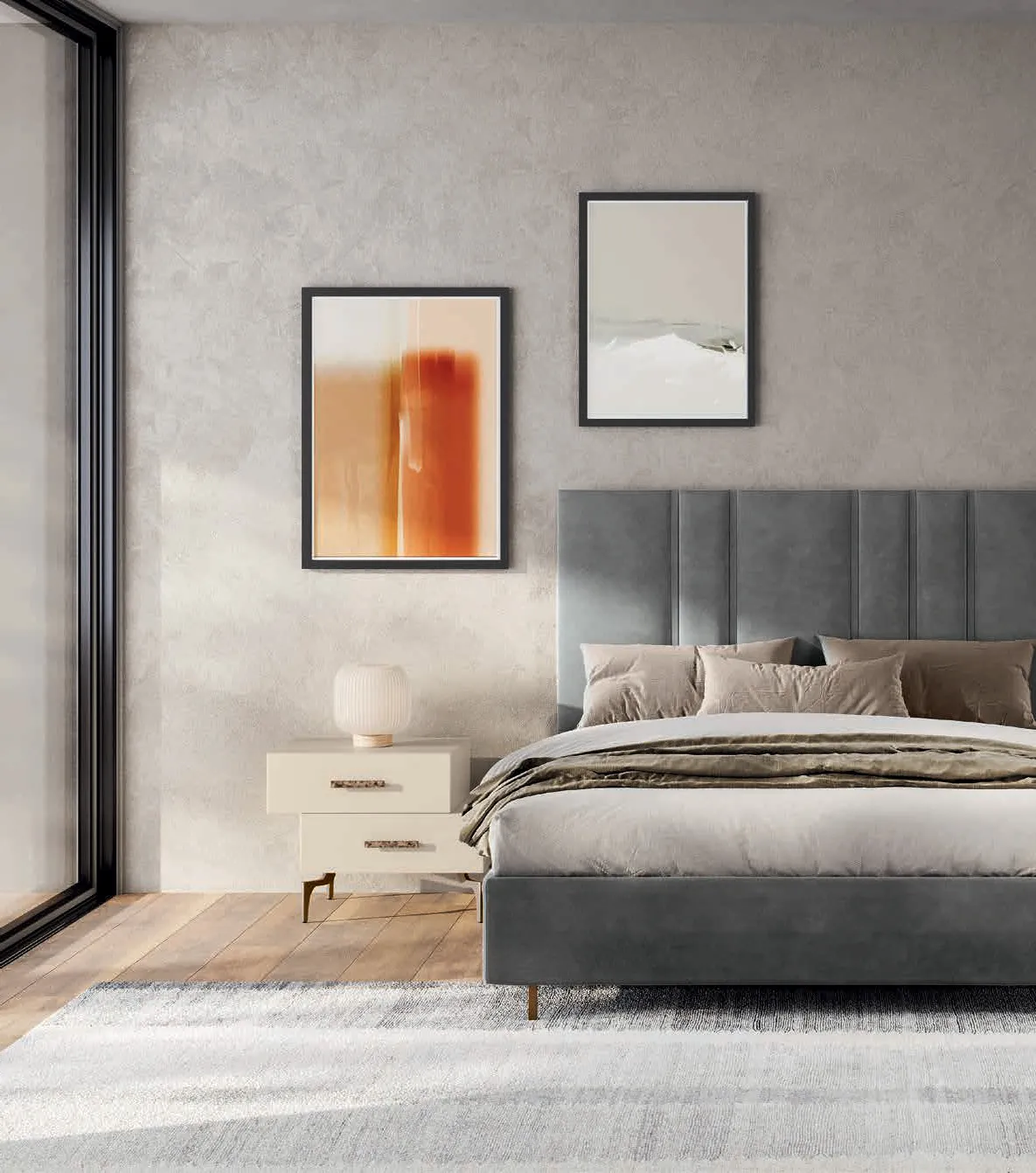 Letto imbottito Vibe Euro Design in velluto grigio con comodino Brenda beige