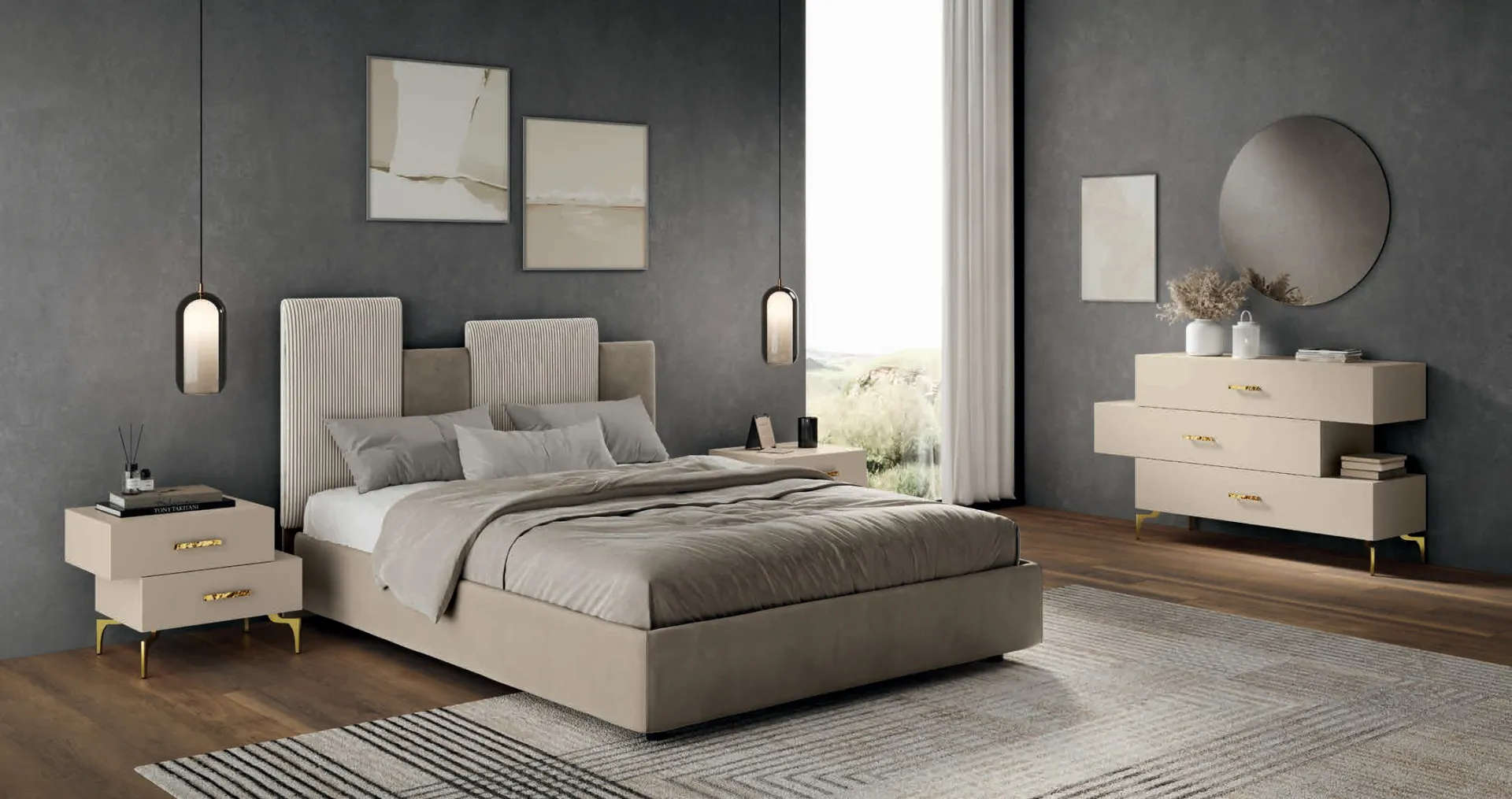 Letto imbottito Funny Euro Design in tessuto rigato beige e velluto marrone