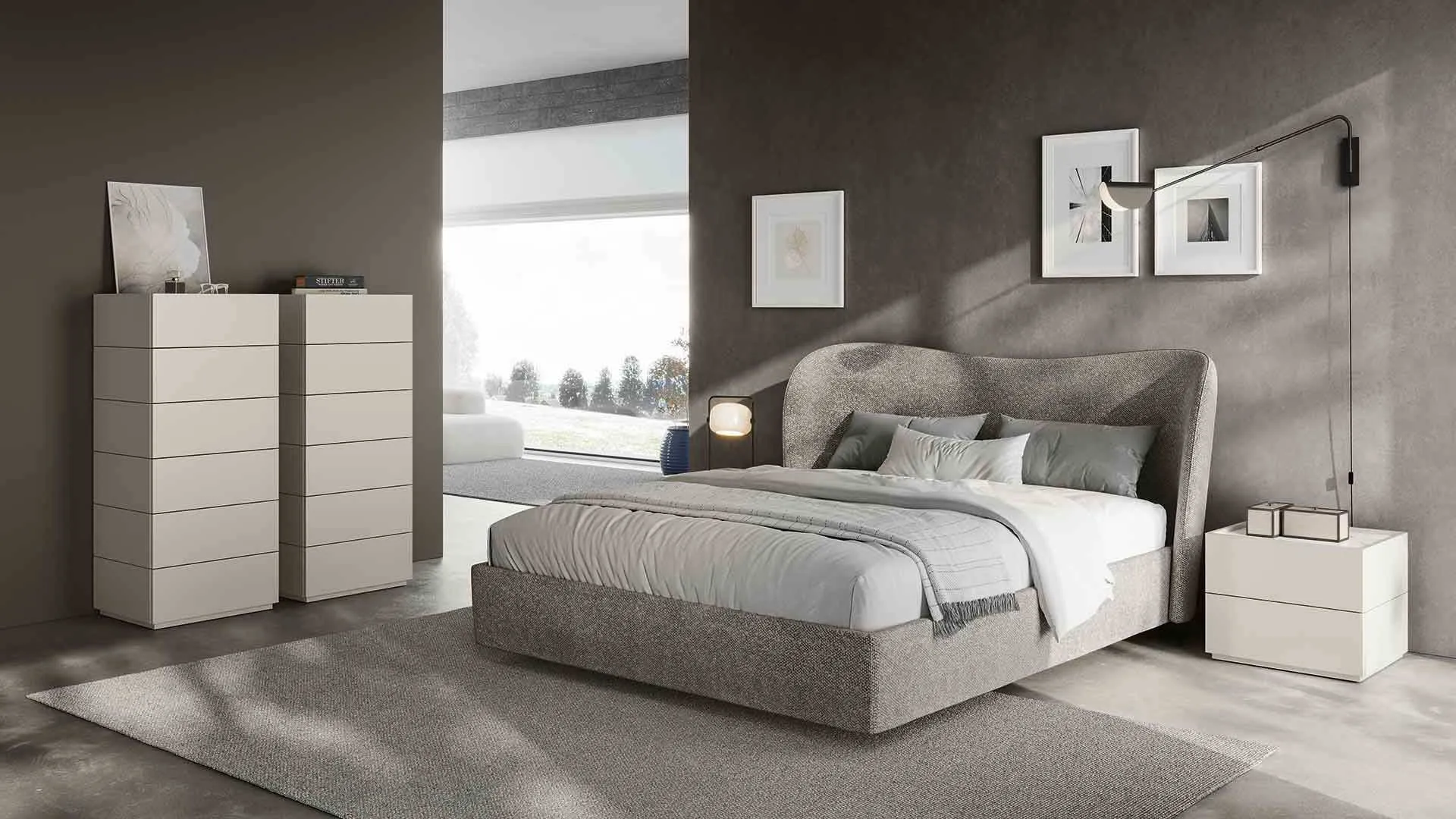 Letto imbottito Shine Euro Design con testiera curva in camera moderna