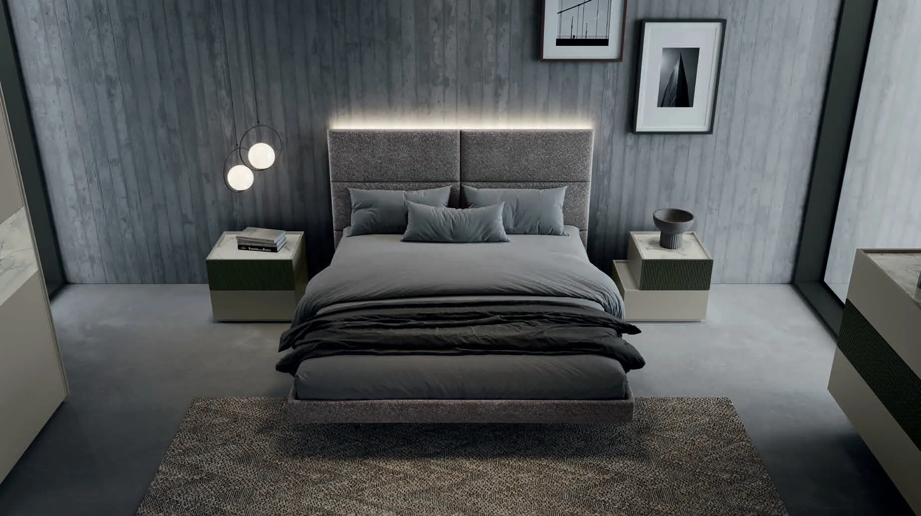 Letto Groove Euro Design con testiera a pannelli imbottiti e luce LED